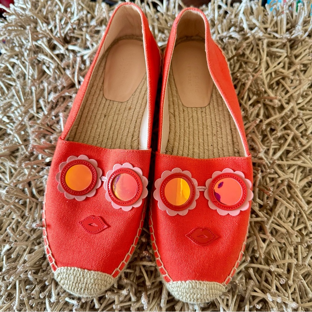 kate spade Grenada Glasses Espadrille Flats Sz 8B Orange Sunglasses Lips Floral